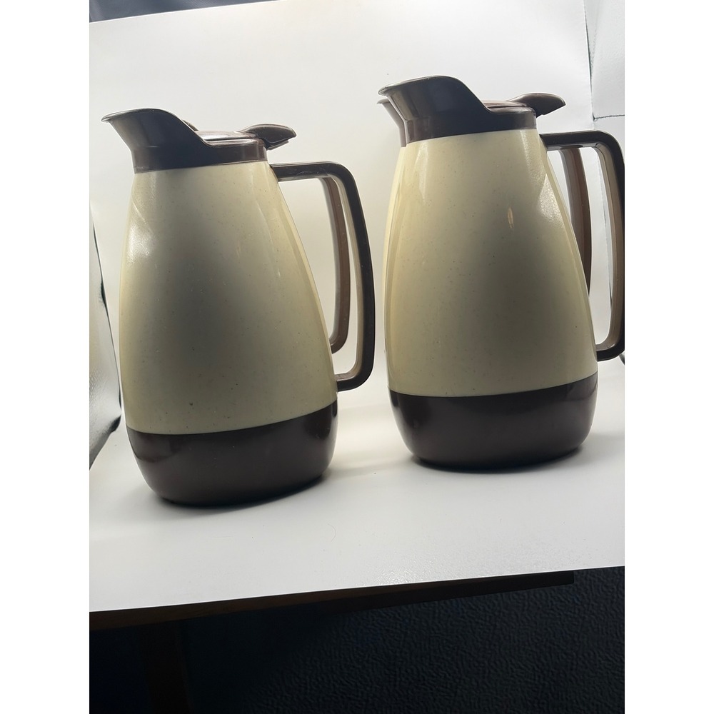 Vintage‎ Thermo-Serv Insulated Coffee Carafe Set 4 Brown Tan MCM 1 Liter USA